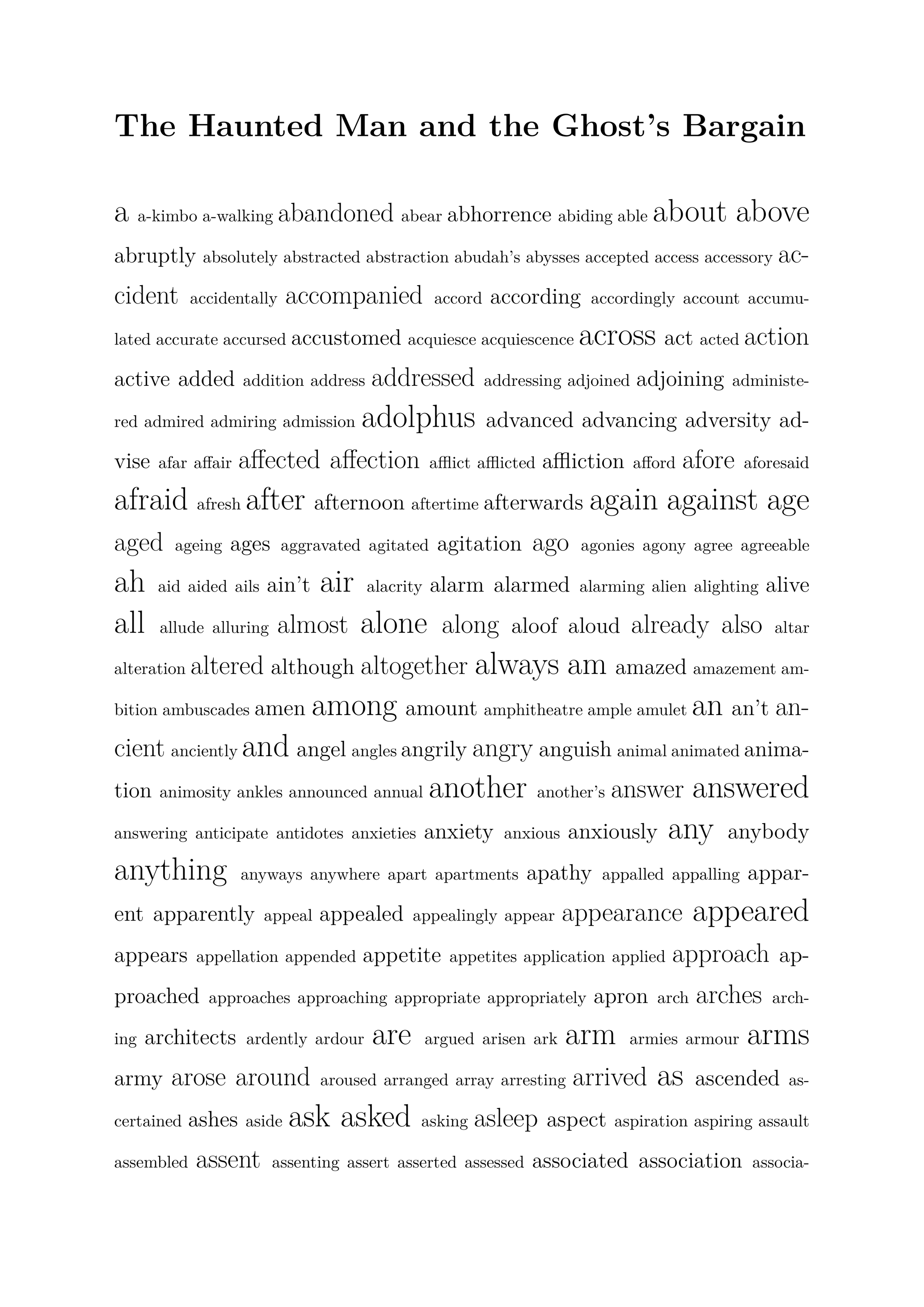 The Haunted Man and the Ghost’s Bargain a a-kimbo a-walking abandoned abear abhorrence abiding able about above abruptly absolutely abstracted abstraction abudah’s abysses accepted access accessory ac- cident accidentally accompanied accord according accordingly account accumu- lated accurate accursed accustomed acquiesce acquiescence across act acted action active added addition address addressed addressing adjoined adjoining administe- red admired admiring admission adolphus advanced advancing adversity ad- vise afar aﬀair aﬀected aﬀection aﬄict aﬄicted aﬄiction aﬀord afore aforesaid afraid afresh after afternoon aftertime afterwards again against age aged ageing ages aggravated agitated agitation ago agonies agony agree agreeable ah aid aided ails ain’t air alacrity alarm alarmed alarming alien alighting alive all allude alluring almost alone along aloof aloud already also altar alteration altered although altogether always am amazed amazement am- bition ambuscades amen among amount amphitheatre ample amulet an an’t an- cient ancientlyand angel angles angrily angry anguish animal animated anima- tion animosity ankles announced annual another another’s answer answered answering anticipate antidotes anxieties anxiety anxious anxiously any anybody anything anyways anywhere apart apartments apathy appalled appalling appar- ent apparently appeal appealed appealingly appear appearance appeared appears appellation appended appetite appetites application applied approach ap- proached approaches approaching appropriate appropriately apron arch arches arch- ing architects ardently ardour are argued arisen ark arm armies armour arms army arose around aroused arranged array arresting arrived as ascended as- certained ashes aside ask asked asking asleep aspect aspiration aspiring assault assembled assent assenting assert asserted assessed associated association associa- tions.